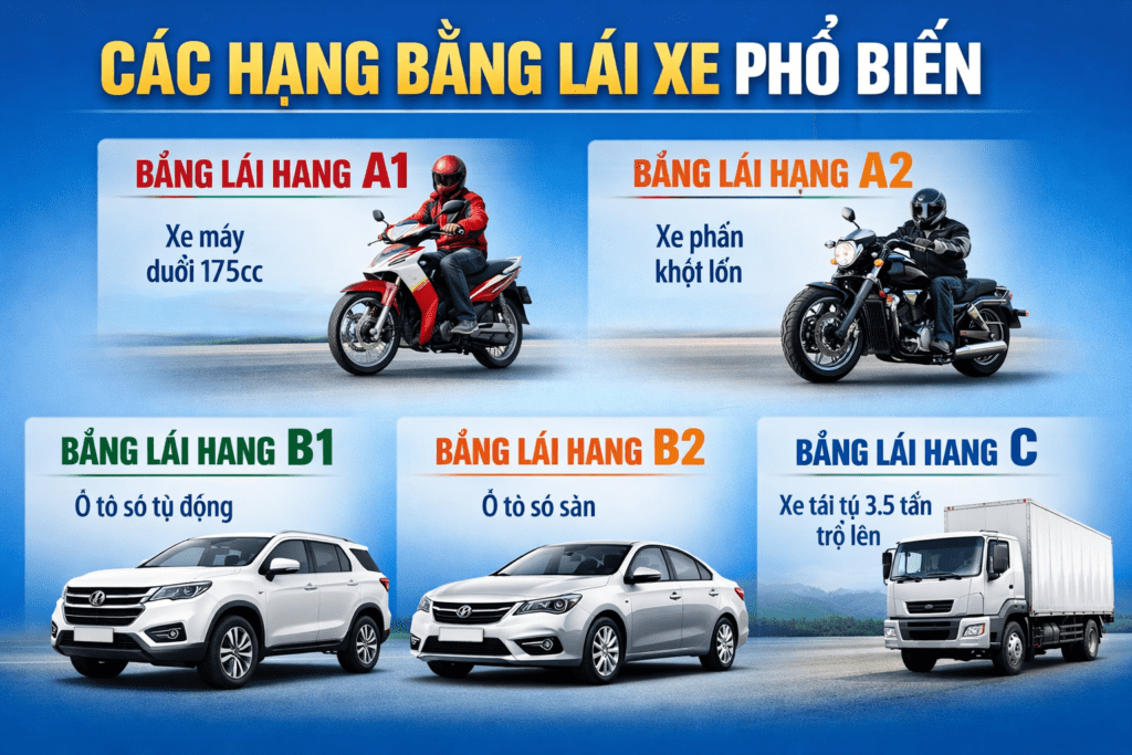 Các Loại Giấy Phép Được Học Hiện Nay-Cách Đăng Ký Thi Giấy Phép Lái Xe